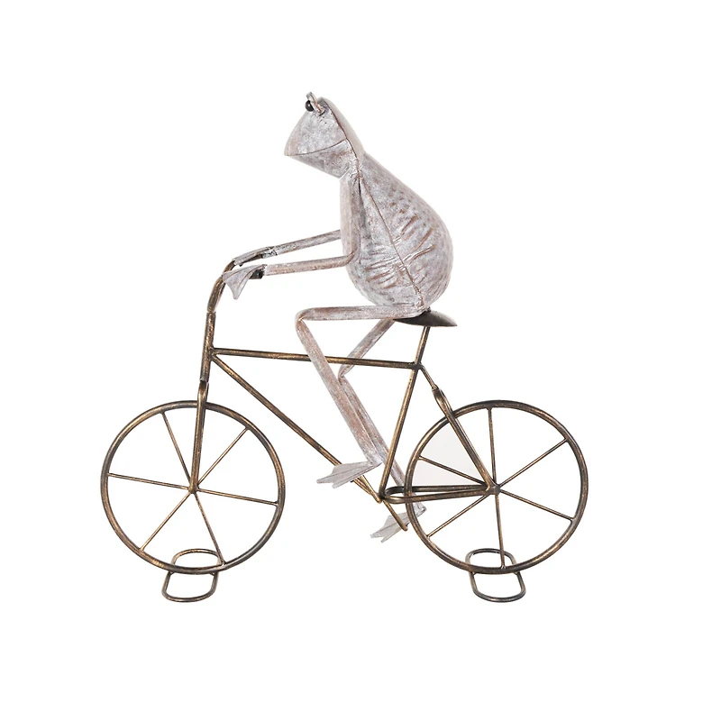 19.5" Frog on Bicycle Metal Garden Sculpture with Gold Accents