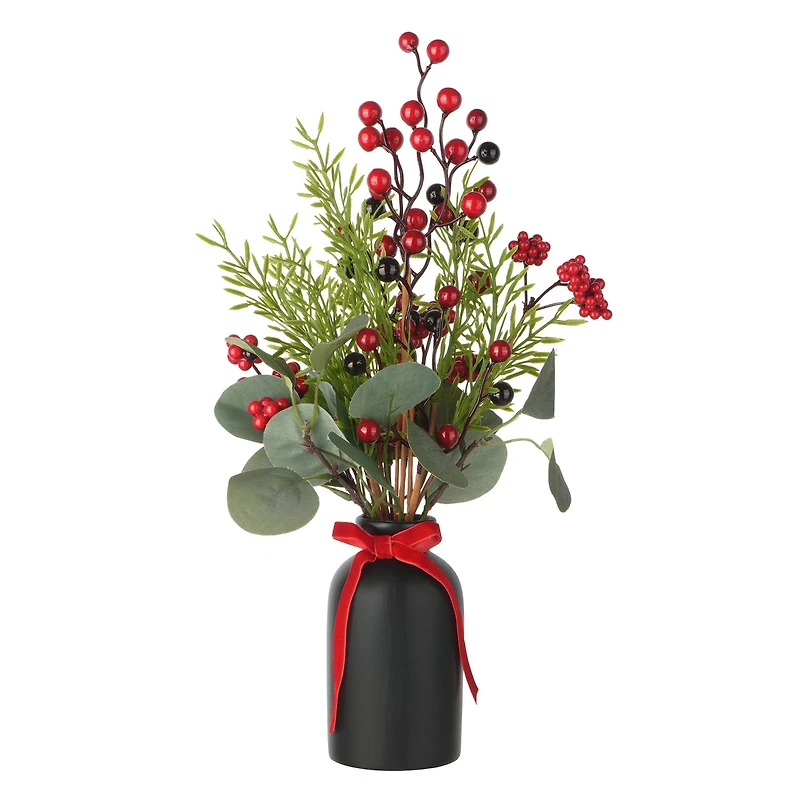 16.5" Red Berry & Greenery Arrangement in Black Ceramic Vase by Ashland®