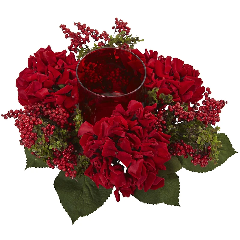 6" Red Hydrangea & Berry Candelabrum