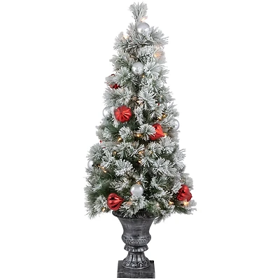 4ft. Pre-Lit Snowy Bristle Pine Flocked Artificial Christmas Tree in Silver Urn, Clear Lights