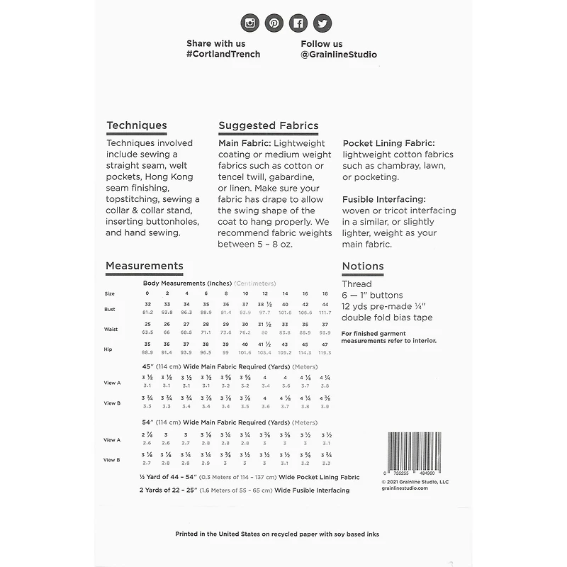 Grainline Studio Cortland Trench Coat Sz 0-18 Pattern