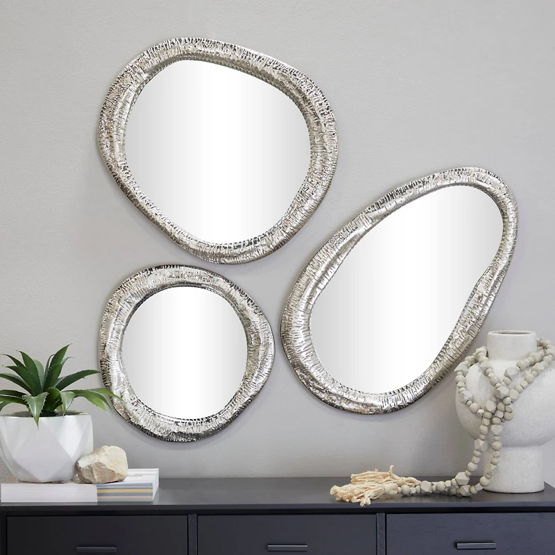 Silver Aluminum Abstract Wall Mirror Set of 3 23", 20", 15"