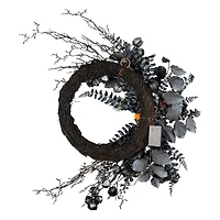 20" Halloween Pumpkin & Flower Pre-Lit LED Wreath