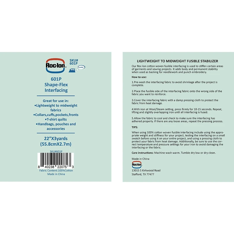 Roc-Lon 22" x 3yd. Cotton Woven Fusible Interfacing