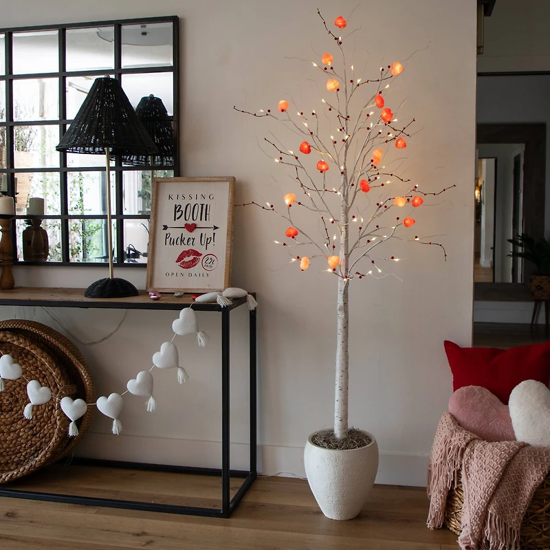 6ft. Pre-Lit Artificial Valentine's Day Twig Tree with 96 Heart Shaped LED Lights and Red Berries