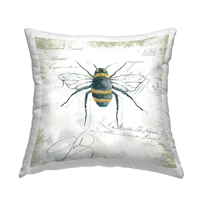 Stupell Industries Quaint Honey Bee Insect over Vintage Postal Card Throw Pillow 18" x 18"