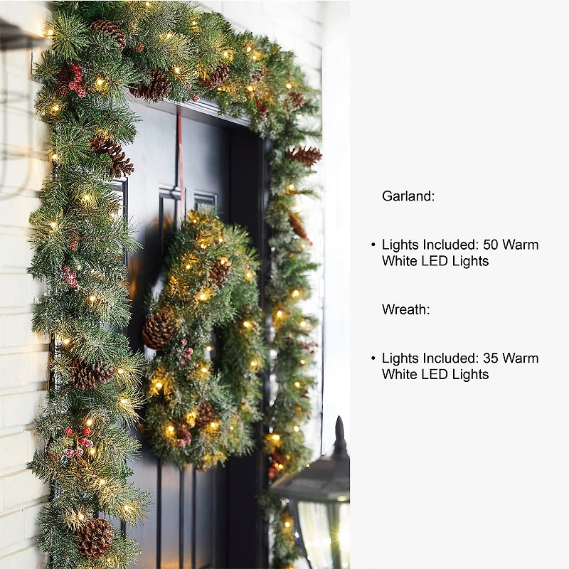 Glitzhome® 24" Pre-Lit Glittered Pinecone Christmas Wreath & Matched 9ft. Garlands Set