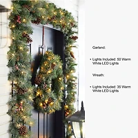 Glitzhome® 24" Pre-Lit Glittered Pinecone Christmas Wreath & Matched 9ft. Garlands Set