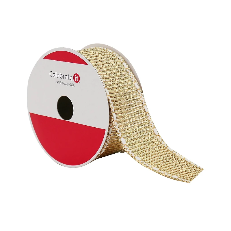 1.5" x 18ft. Gold & White Stitch Wired Metallic Ribbon by Celebrate It®