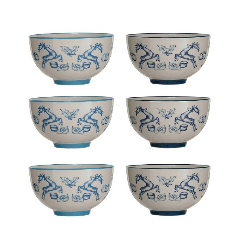 Hello Honey® 4.5" Blue & Cream Holiday Icons Stoneware Bowls, 6ct.