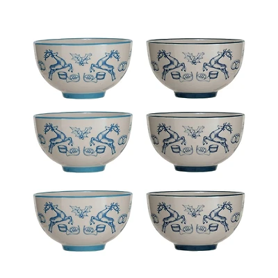 Hello Honey® 4.5" Blue & Cream Holiday Icons Stoneware Bowls, 6ct.