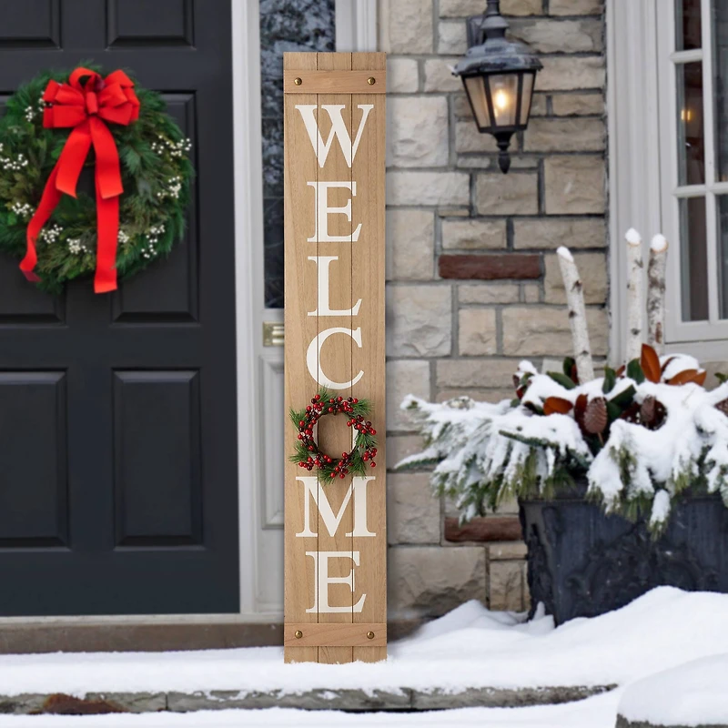 Glitzhome® 5ft. Brown Welcome Wood Porch Sign with 4 Changeable Wreaths