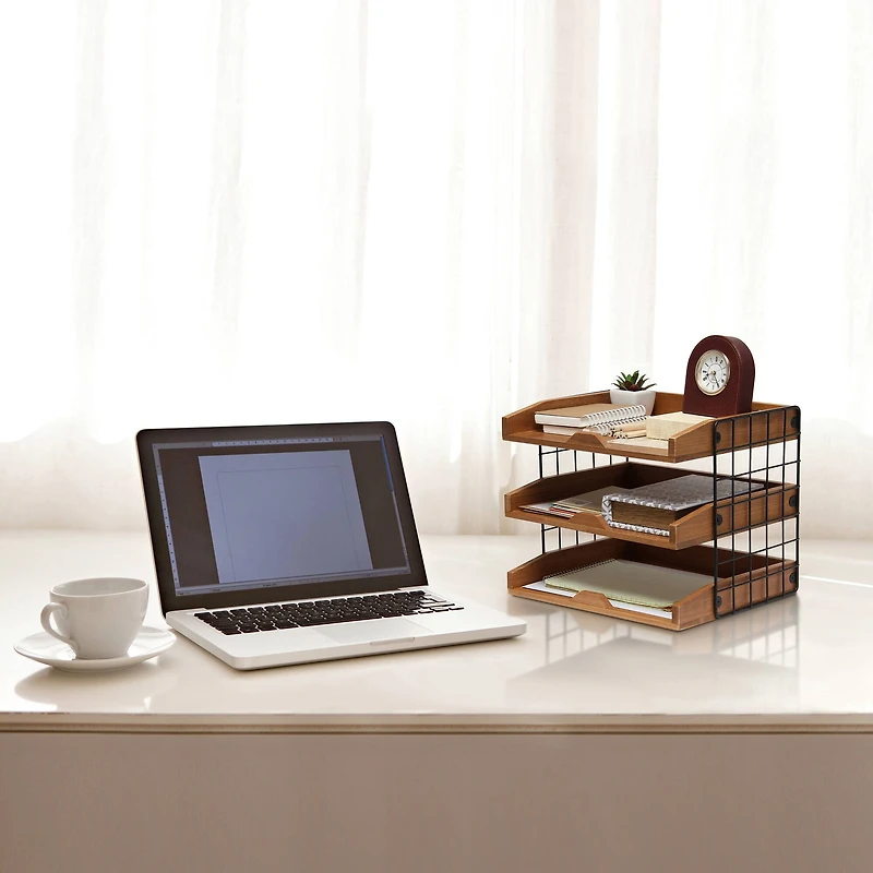 Elegant Designs Natural Wood Desk Organizer Letter Tray with 3 Shelves