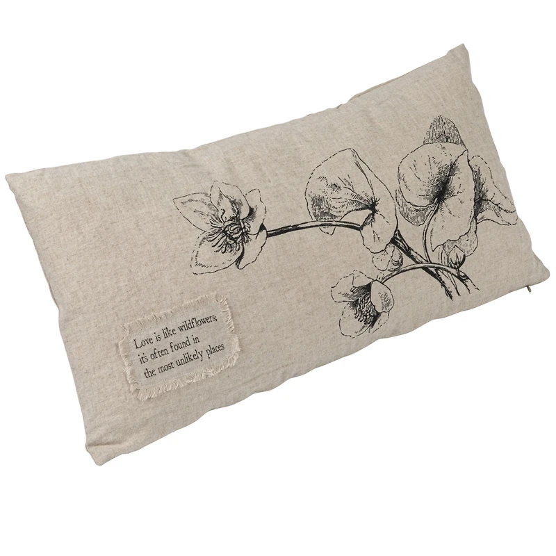 Hello Honey® Natural & Black Text, Flowers & Bird Designs Linen Blend Lumbar Pillow