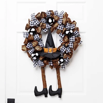 24'' Unlit Orange and Black Witch with Bows Halloween Wreath