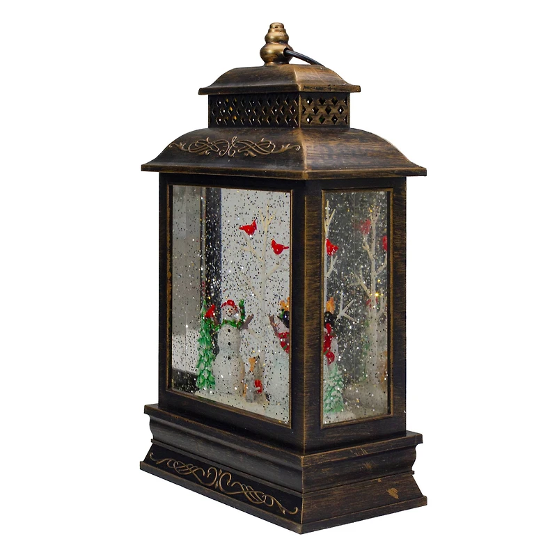 12" Musical Lighted Black Christmas Snow Globe Lantern with Snowmen