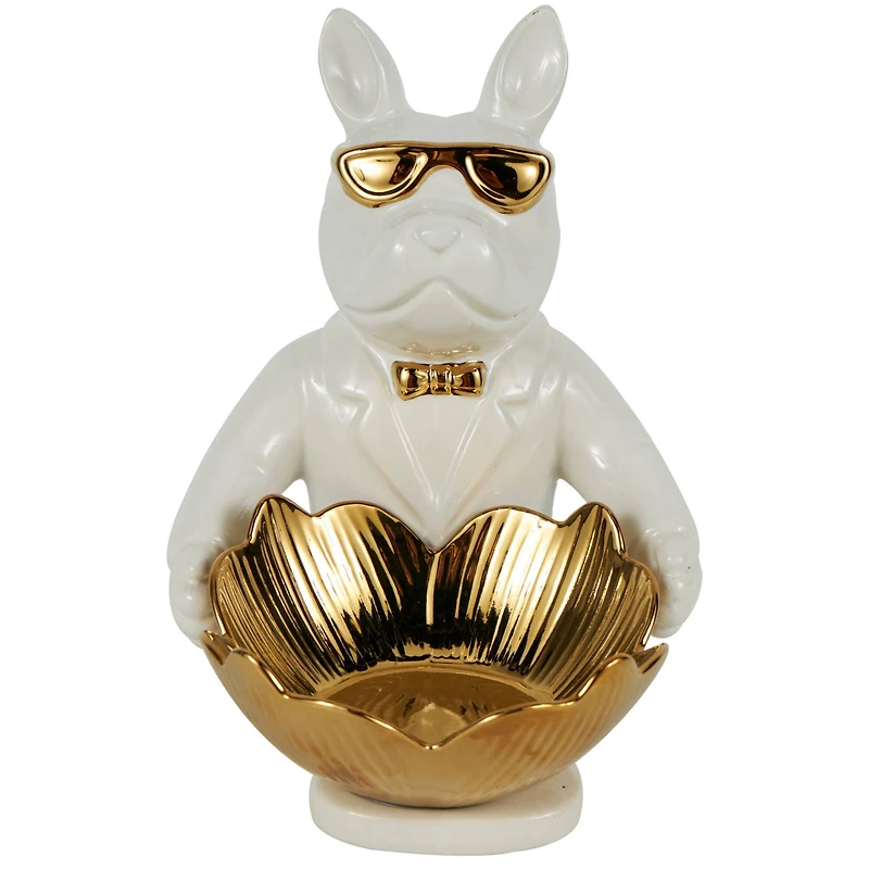 8" White Ceramic Bulldog Sculpture with Gold Accents