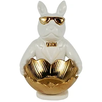 8" White Ceramic Bulldog Sculpture with Gold Accents