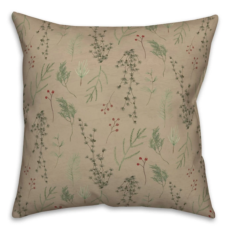 Pine Greenery on Brown Square Throw Pillow