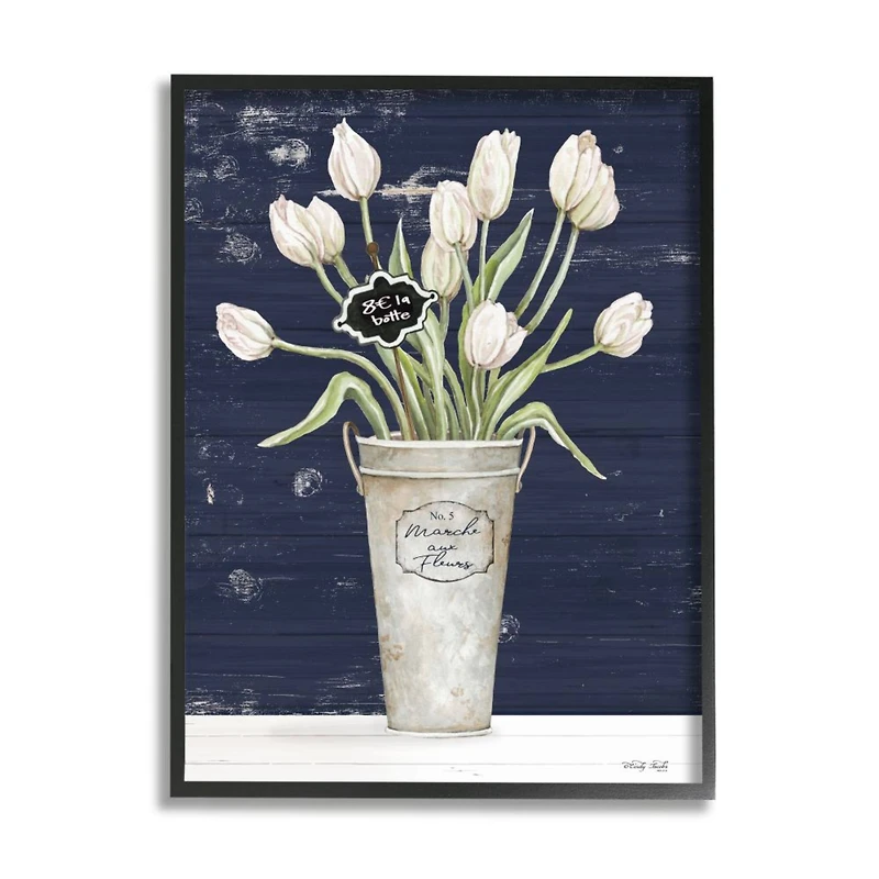 Stupell Industries Charming White Tulip Bouquet over Rustic Blue Framed Wall Art