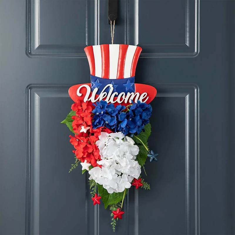 Glitzhome® 22.5" Patriotic Americana Metal Top Hat & Hydrangea Swag Wall Décor