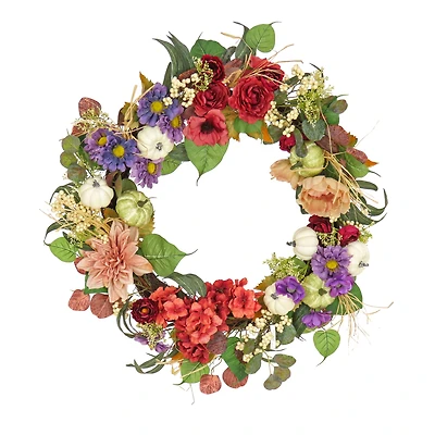 30" Harvest Serenity Mixed Flower & Pumpkin Wreath