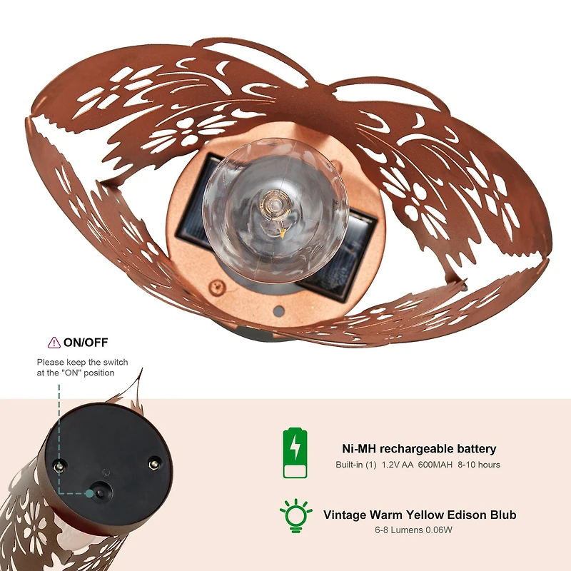 Glitzhome® 9" Metal Flying Butterfly Silhouette Solar Powdered Edison Bulb Outdoor Lanterns, 2ct.