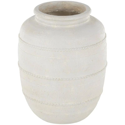 18" Cream Distressed Stone Vase with Raised Braided Accents