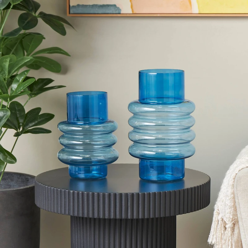 Blue Ombre Bubble Ribbed Glass Vase Set
