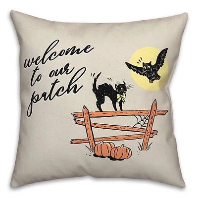 Retro Black Cat & Owl Welcome to Our Patch Spun Poly Throw Pillow