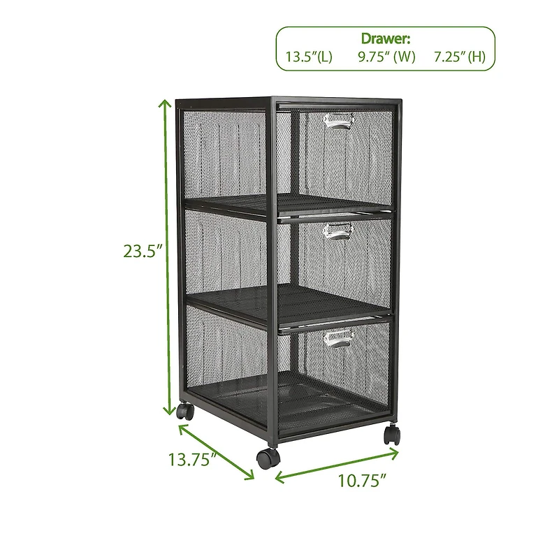 Mind Reader Black 3 Drawer Rolling File Cabinet