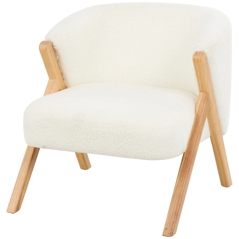 White Polyester Rounded Boucle Accent Chair with Angled Wooden Legs