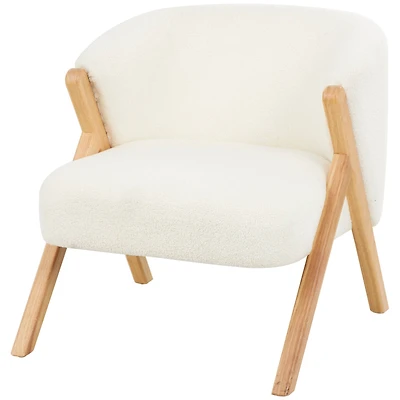 White Polyester Rounded Boucle Accent Chair with Angled Wooden Legs