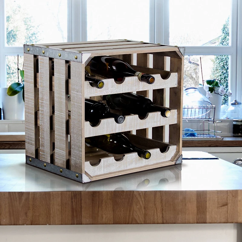 12" Whitewashed Rustic Wooden Wine Rack