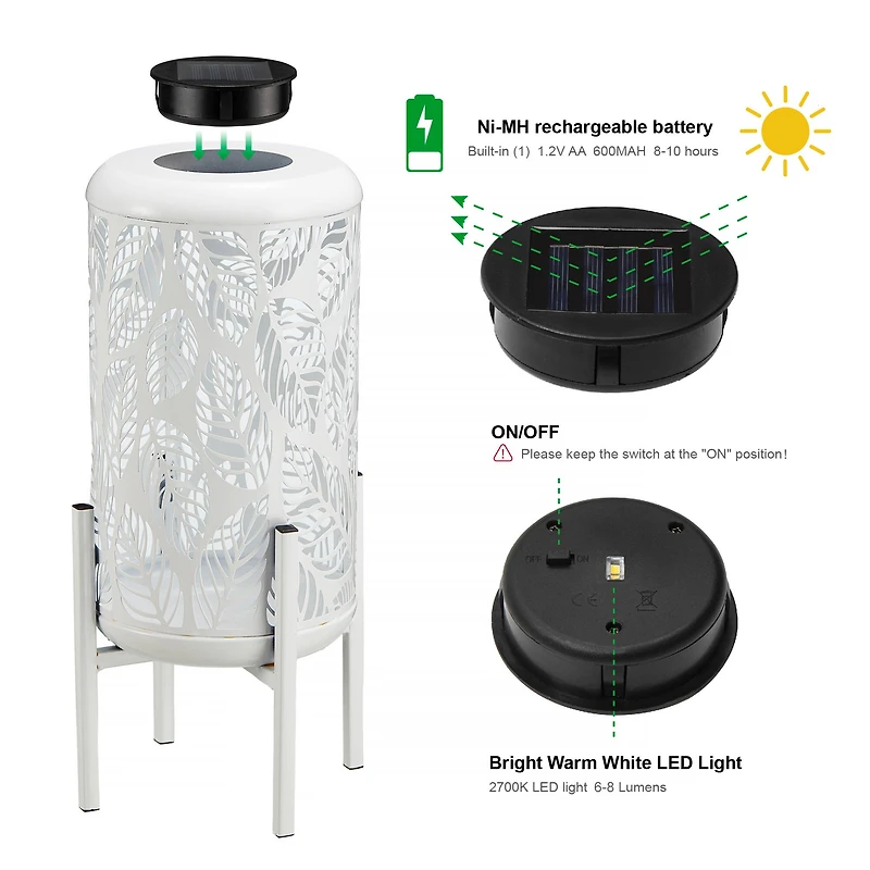 Glitzhome® 14.25" White Metal Cutout Leaves Pattern Solar Powered LED Outdoor Lanterns, 2ct.