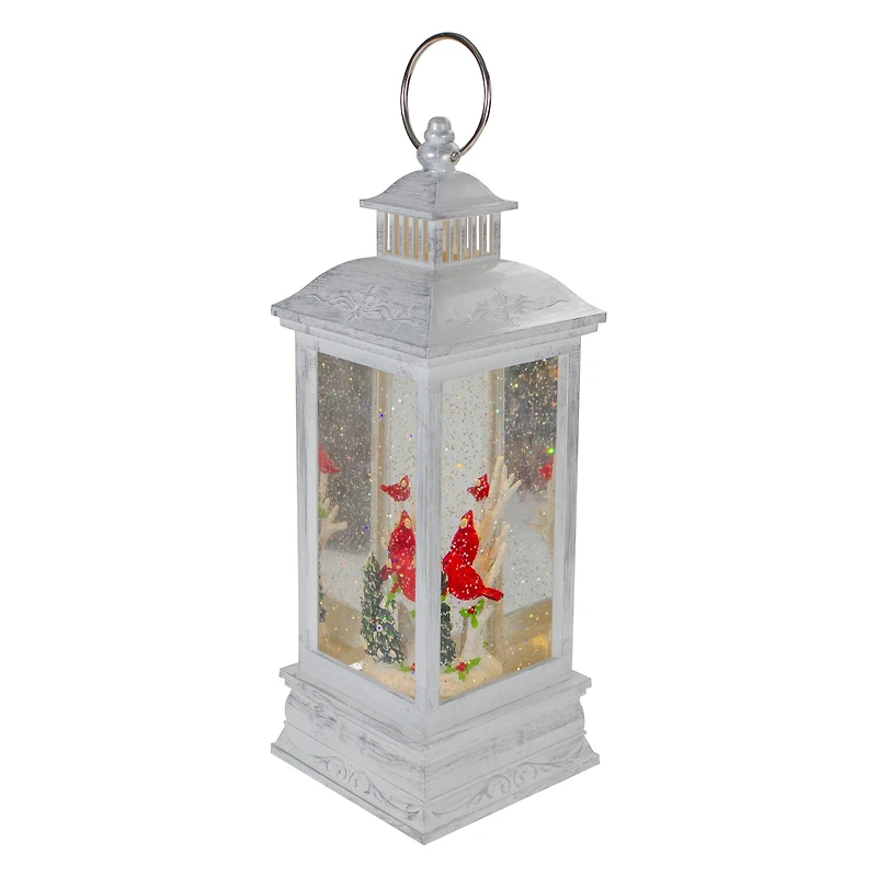 11" White & Brushed Silver Christmas Cardinals Snow Globe Lantern