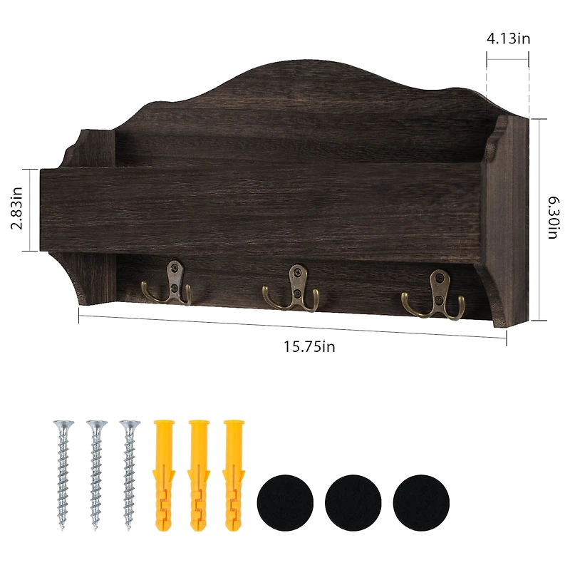 NEX™ Rustic Brown Wall-Mounted Wooden Key Rack with 3 Double Key Hooks
