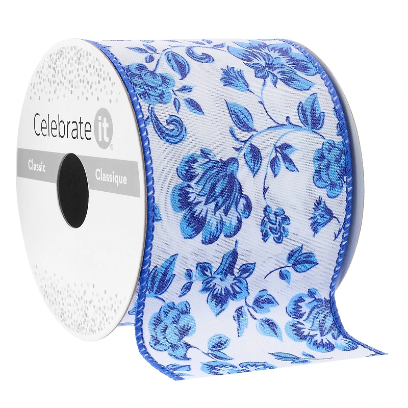 2.5" x 3yd. Blue Chinoiserie Floral Wired Edge Ribbon by Celebrate It™
