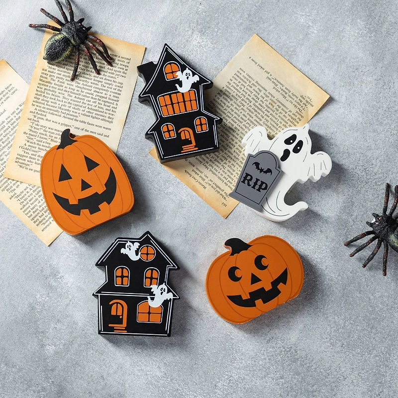 Glitzhome® Halloween Wooden Haunted House, Pumpkin & Ghost Table Block Set