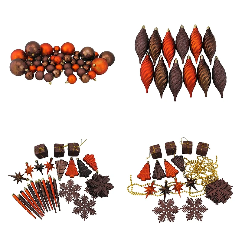 125ct. Chocolate Brown & Burnt Orange Shatterproof 4-Finish Christmas Ornaments