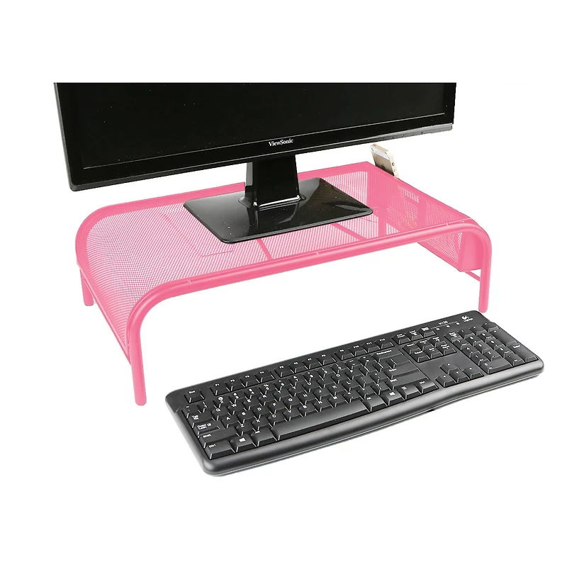 Mind Reader Pink Metal Mesh Monitor Stand with 2 Storage Compartments