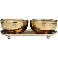 White Wax Egyptian Mint Scented Candle Set with Gold Hammered Containers and Oval Holding Tray