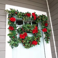 Village Lighting 9ft. Pre-Lit LED Red Peonies & Berry Garland