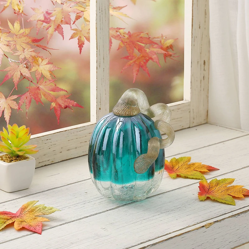 Glitzhome® Crackle Glass Pumpkin, Turquoise