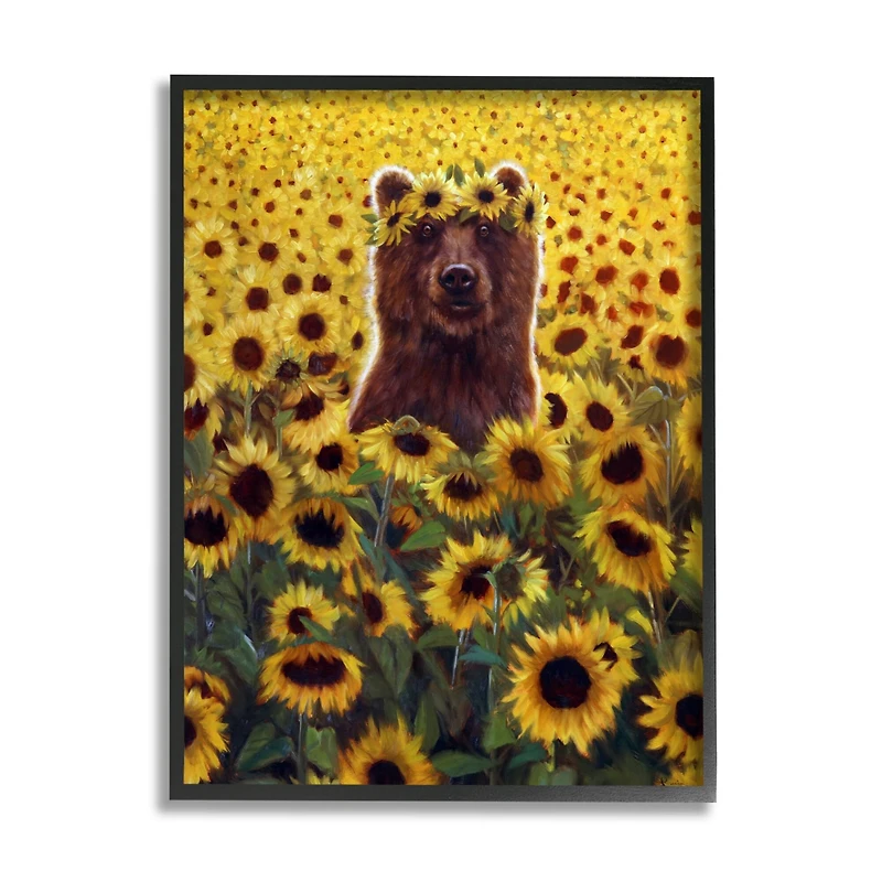 Stupell Industries Happy Bear Sunflower Field Framed Giclee Art