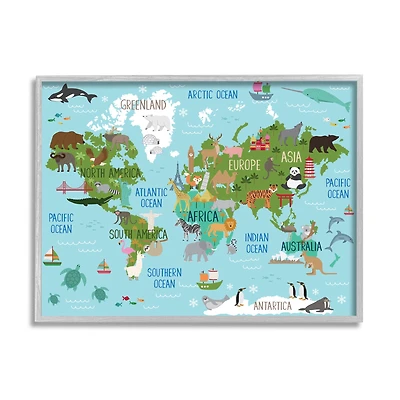Stupell Industries Kid's Animal World Map Favorite Regional Wildlife in Gray Frame Wall Art