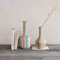 Hello Honey® 10.5" Green & Cream Hand-Painted Crackle Glaze Terra Cotta Vase with Tall Neck