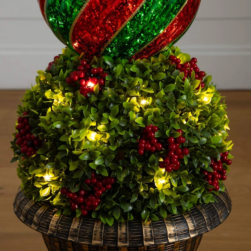 3ft. Pre-Lit Artificial Christmas Ornament Boxwood Topiary Tree with 70 Warm White LED Lights