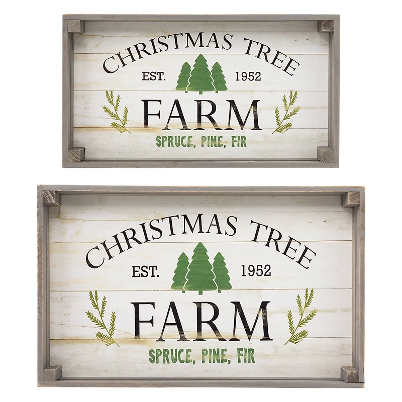 Gray & White Farm Fresh Christmas Trees Wooden Tray Hanging Sign Set