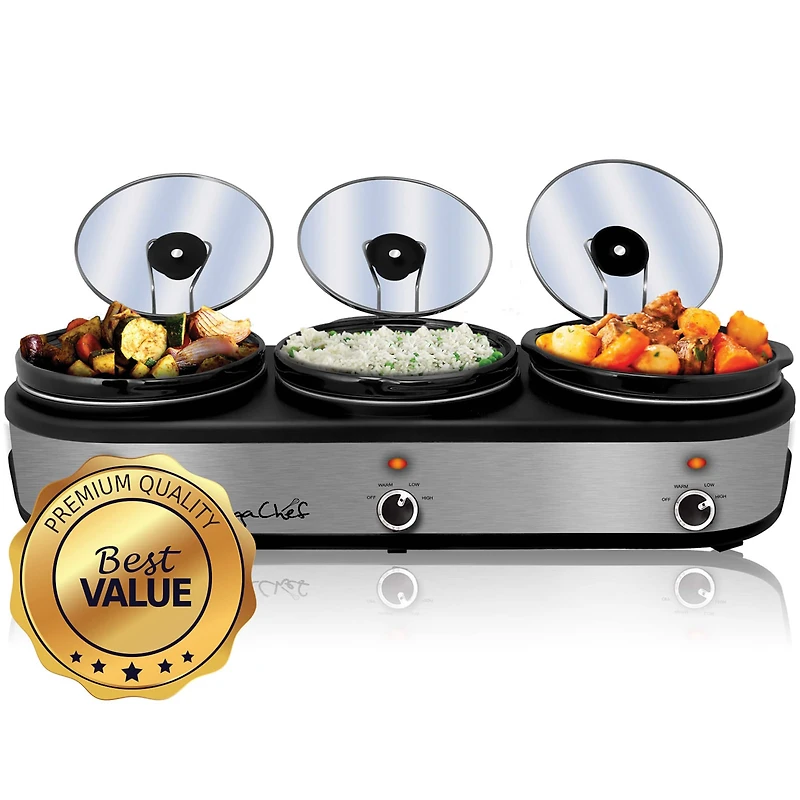 MegaChef Brushed Silver & Black Finish Triple 2.5qt. Slow Cooker & Buffet Server With 3 Ceramic Cooking Pots & Removable Lid Rests
